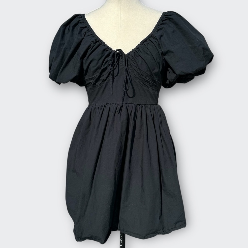 A NEW DAY Black Puff Sleeve Mini Dress Ruched Goth Whimsigoth Boho Coquette S - Picture 2 of 13